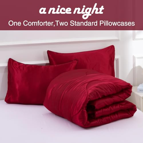 A Nice Night Satin Silky Soft Quilt Sexy Luxury Super Soft Microfiber Bedding Comforter Set, Light Weighted (Red, King) A Nice Night