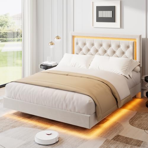 Garvee Floating Bed Frame Full Size with Smart Led Lights, Upholstered Platform Bed with Diamond Headboard, Solid Wood Slats Support, No Box Spring Needed, Noise-Free, Easy Assembly, White Garvee