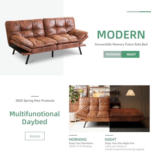 Opoiar 71" L Covertible Futon Sofa Bed,Faux Leather Futon Couch, Memory Foam Modern Loveseat Sleeper, Small Splitback Sofa Couches for Living Room,RV,Home Office,Apartment,Brown Opoiar