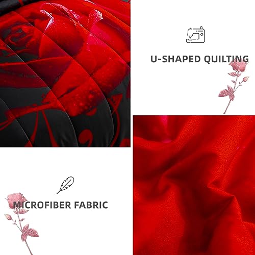 WONGS BEDDING Red Comforter Set Cal King, Reversible Red Rose 7 Pieces Bed in a Bag, Lightweight Soft Microfiber Bedding Sets with Comforter, Flat Sheet, Fitted Sheet, Pillowcases & Shams WONGS BEDDING