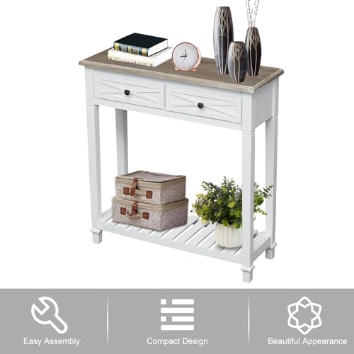 kinbor Entryway Table - White Console Table with 2 Drawers, Narrow Small Console Table with Storage Shelf for Entryway, Living Room, Hallway, White kinbor