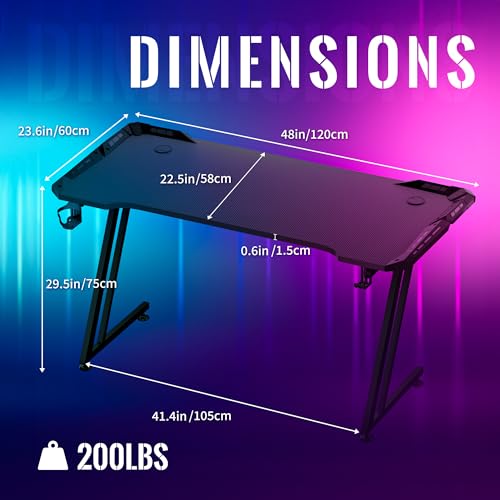 Gamtimer Gaming Desk with LED Lights,47 inch Carbon Fiber Surface RGB Gaming Computer Table, 384 Color Mode with Remote Control, Cup Holder and Headphone Hook - Black Gamtimer