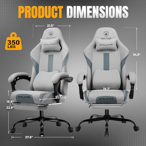 GTPLAYER Gaming Chair with Foot Rest & Pocket Spring Cushion, Ergonomic High Back Computer Desk Chair with Headrest & Lumbar Support for Back Pain Relief, Breathable Fabric, Moon Gray GTPLAYER
