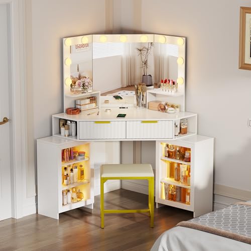 SKKTKT Vanity Desk with LED Lights Mirror & Power Outlet – Corner Design, Makeup Vanity Table Set with Storage Drawers & Chair, 3 Lighting Modes for Living Room/Bedroom, Ideal for Gift (White) SKKTKT