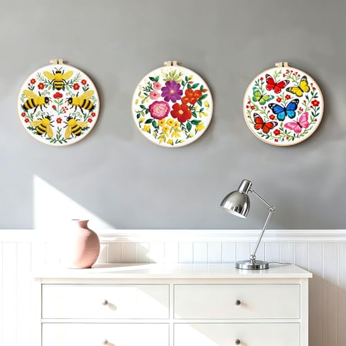 INFUNLY 4 Pack Pink Flowers Embroidery Starter Kit for Beginners Colorful Butterfly DIY Embroidery Kits for Adults Stamped Needlepoint Set with Step-by-Step Instructions Threads Craft Lover Gift