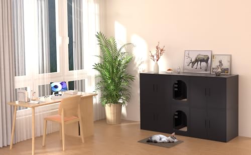 Amunrbrek Double Litter Box Enclosure, Litter Box Enclosure for 2 Litter Boxes, Modern Litter Box Furniture for 2 Cats, with Cat Door & Motion Light (Black) amunrbrek