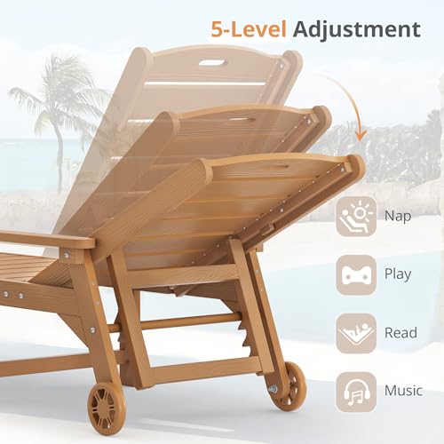 LUE BONA Outdoor Chaise Lounge, HDPS Chaise Lounger, 5 Positions Adjustable Lounge Chairs, Pool Lounge Chair with Wheels for Poolside, Backyard, Teak Color