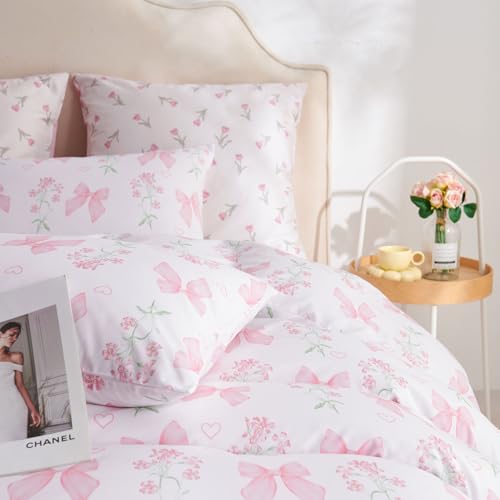Jolusere Floral Duvet Cover Queen Pink Bow Bedding Set for Girls Kids, Princess Style Bowknot Flower Design, Coquette Duvet Cover Set 3 Pieces, 2 Pillowcases, 100% Microfiber Jolusere