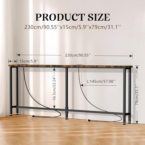 GRLEAF 90" Sofa Table with Built-in Power Strip (4 AC Outlets & 4 USB Ports) – 4.9ft Power Cord, Metal Frame, Easy Assembly, Long Couch Table Behind Sofa, Living Room and Home Office | Rustic Brown GRLEAF