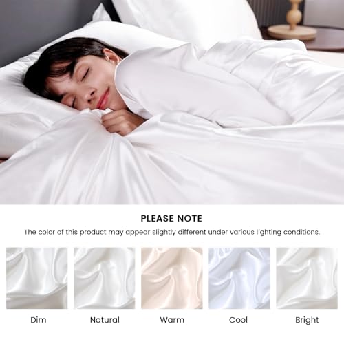 HOdo Home Satin Duvet Cover Queen Size, 3PCS Silk Like Comforter Cover, Ultra Soft and Breathable Bedding Set with Zipper Closure & Corner Ties(White) HOdo Home