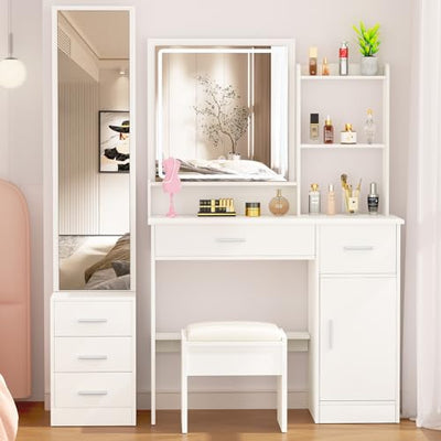 Greenvelly Makeup Vanity with lights and 2 Mirror, White Vanity Table with 3 Lighting Modes and Stool Set, Large Dressing Table with Drawers, Vanity Desk for Women and Girl