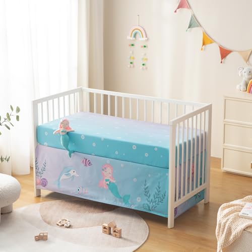 TCOYIWL 4 Pieces Crib Bedding Set for Baby Boys Girls, Infant Toddler Nursery Baby Bedding Sets Includes Cartoon Quilt, Fitted Crib Sheet, Crib Skirt and Plush Mermaid Toy TCOYIWL