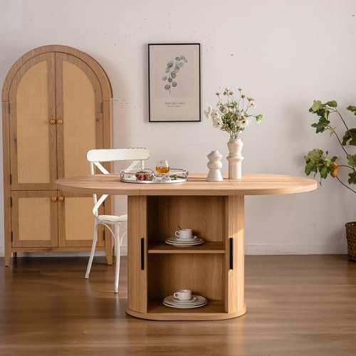 HAIZAO Large Retro Dining Table Set for 4, Modern Oval Kitchen Table Set with 4 Upholstered Chairs, Solid MDF Table with 2-Layer Storage Shelf and Wood Slide Door, Luxury Beige Chenille Chairs HAIZAO