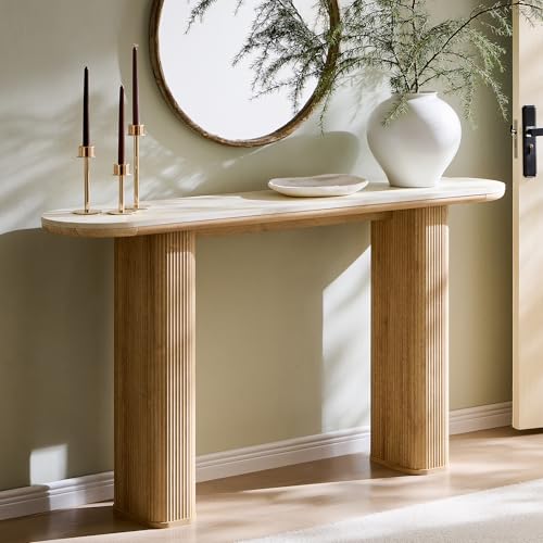 OKD 63 Inch Modern Console Table with Arc Faux Marble Texture Top, Fluted Wood Base, Contemporary Entryway Sofa Table for Living Room, Hallway, Foyer, Natural Oak OKD