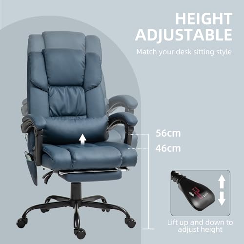 Vinsetto High Back Massage Office Chair with 6 Vibration Points, PU Leather Reclining Computer Chair, Ergonomic Desk Chair with Footrest Adjustable Height and Remote, Blue Vinsetto