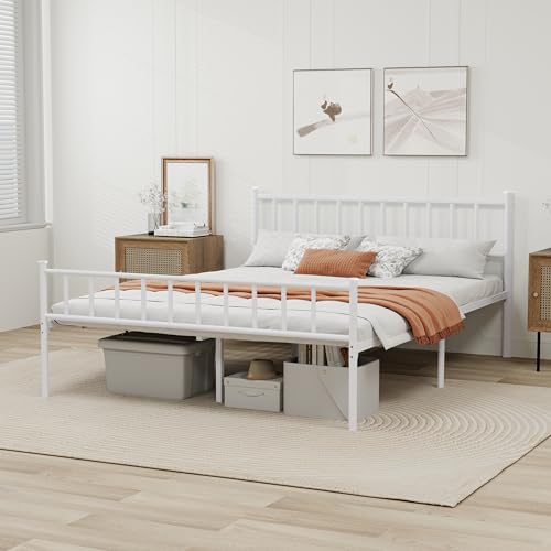 WJORATA Metal Platform Queen Bed Frame with Headboard Sturdy Steel Slats Support No Box Spring Needed Easy Assembly White WJORATA