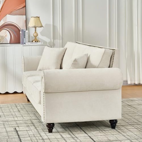 63.7" Modern 2-Seater Sofa with High-Density Foam & 2 Toss Pillows, Chenille Upholstered Couch with Rolled Arms & Nailhead Trim for Living Room,Apartment,Farmhouse,Office,Beige SUHYNIN