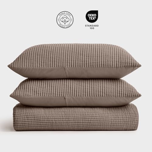 EVERGRACEHOME Cotton Coverlet Set King Size 3 Pieces, Lightweight Soft Ribbed Matelassé Bedspread Quilt Set, Cozy Oversized Quilted Bedding Set with 2 Pillow Shams for All Seasons, Mocha Brown EVERGRACEHOME