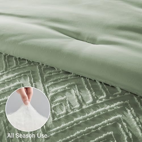 Zzlpp Queen Comforter Set 7 pieces, Sage Green Tufted Bed in a Bag with Comforter and Sheets, All Season Boho Bedding Sets with 1 Comforter, 2 Pillow Shams, 2 Pillowcases, 1 Flat Sheet, 1 Fitted Sheet Zzlpp