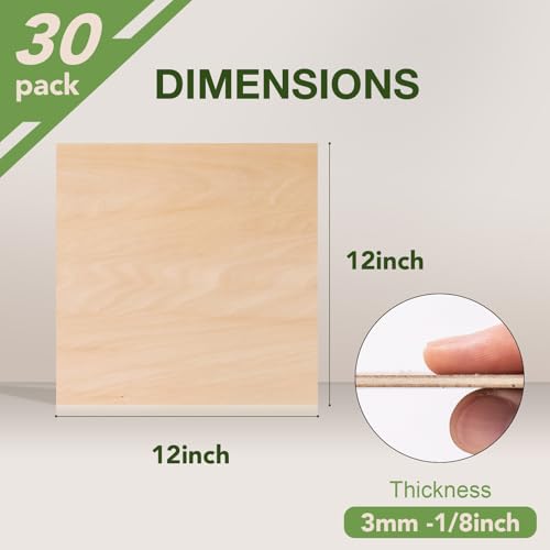 Rowood 30 Pack Basswood Sheets 1/8,3mm Basswood for Laser Cutting,Adult Craft Project Kits,Thin Unfinished Wood for DIY Ornaments,Wood Engraving Burning Architectural Model rowood