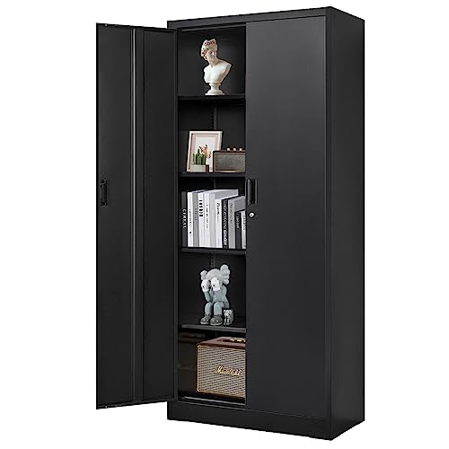 YEEZER Metal Storage Cabinet 71” with 2 Doors and 4 Adjustable Shelves, Garage Steel Locking Cabinet, Tall Cabinets Lockable File Cabinet for Home, Office, Garage, Gym, School. (Black) YEEZER