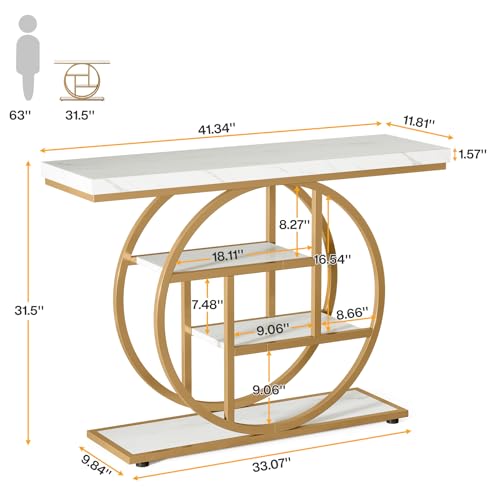 Tribesigns 41.3" Console Table, Industrial 4-Tier Sofa Entryway Table with Circle Base, Narrow Wood Accent Tables with Storage Shelves for Living Room, Hallway, Foyer, White Gold Tribesigns