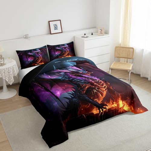 Erosebridal 3D Dragon Bedding Set King Magical Wildlife Comforter Set, Wild Animal Bedding Comforter Sets Gradient Lightning Down Comforter, Glowing Fire Duvet Insert Boys Girls Funny Home Decoratives Erosebridal