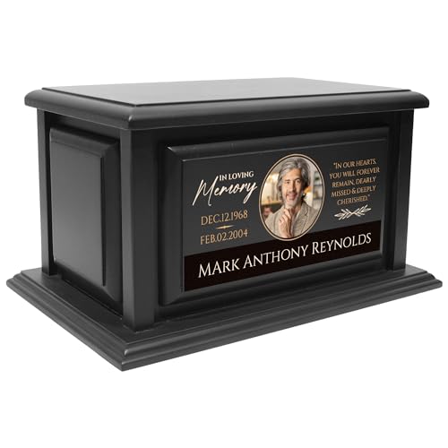 Personalized Solid Wood Human Urns for Ashes 250lbs, Custom Urn Box for Human Ashes, Large Burial and Cremation Urns for Ashes, Black Wood Color (Design 4) Basic Fundamentals
