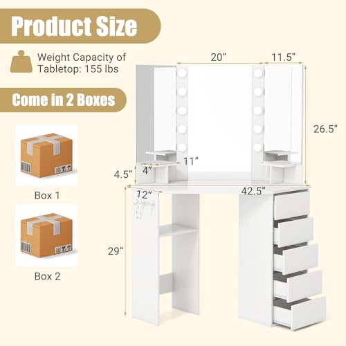 COSTWAY Corner Vanity Desk with Mirror and Lights, Modern Dressing Table with Charging Station, 5 Storage Drawers for Small Space, Bedroom Makeup Vanity Desk for Women, Teen, Girls (White) COSTWAY