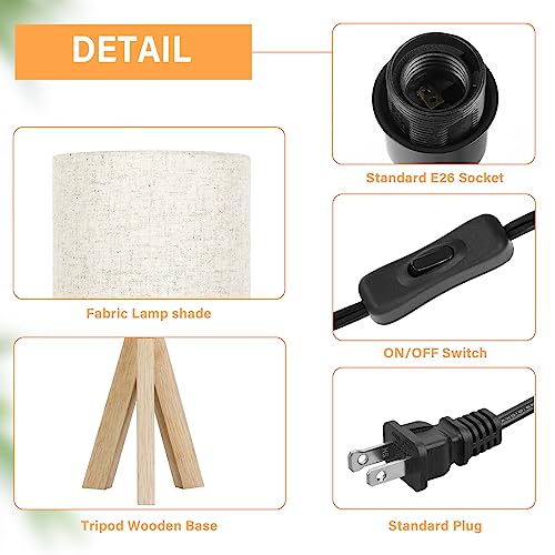 Small Table Lamp, Wooden Tripod Nightstand Lamp with Linen Fabric Shade, Cute Boho Bedroom Lamp for Nightstand, Modern Bedside Lamp for Living Room, Nursery, Kids Room, Office, Dorm, Bulb Not Included Brightever