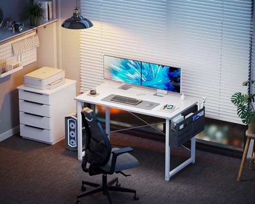 KKL Small Desk with Power Outlets and USB Port Computer Desk for Home Office Gaming Simple Modern Style Writing Desks with Storage Bag Headphone Hook, 40 inch, White KKL