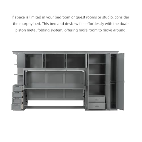 Merax Twin Size Murphy Bed with Desk, Multifunctional Wood Foldable Wall Bed with Wardrobe, Drawers and Cabinet, Space-Saving Hidden Bed for Guest Room Office, No Box Spring Needed, Grey Merax