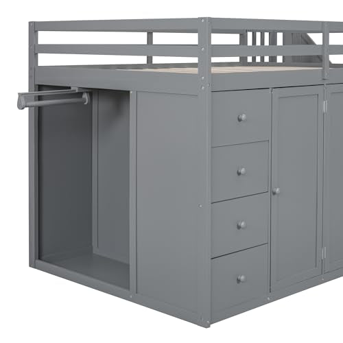 Merax Full Size Wood Loft Bed with Built-in Wardrobes,Wood Loft Bed with Multiple Storage Cabinets and Drawers for Bedroom,Gray Merax