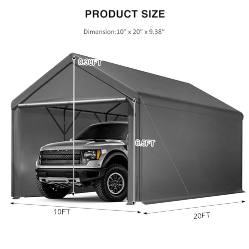Carport 10x20ft Heavy Duty Canopy,Portable Garage Party Tent,Portable Garage with Removable Sidewalls & Doors All-Season Tarp for Car,Truck,Party Grey Grezone