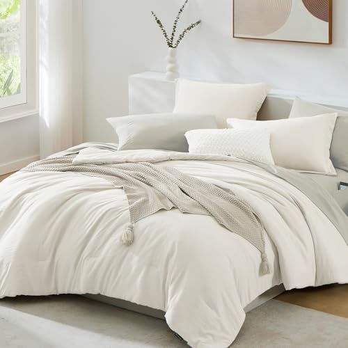 WRENSONGE Queen Comforter Set - 7 Pieces White Soft Bed in a Bag Queen with Fitted Sheet, Flat Sheet, 2 Pillow Shams, and 2 Pillowcases- Warm Bedding Sets for All Season WRENSONGE