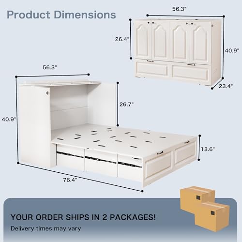 Jotirxe Full Size Murphy Bed with Storage & Charging Station, Modern Cabinet Bed with Foldable Platform, Hideaway Beds with Drawers for Small Spaces, Office, Guest Room, White Jotirxe