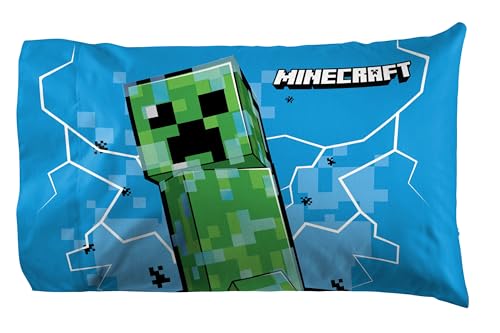 Jay Franco Kids Sheet Set with Fitted, Flat Sheets & Pillow Cover - Ultra-Soft Bedding with Pillowcase for Room Decor, Blue - Minecraft Creeper, 4 Piece Queen Jay Franco