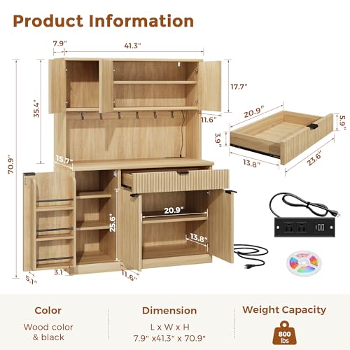 Jocoevol Fluted Kitchen Pantry Storage Cabinet with Charging Station/LED Light/Doors/Shelves, 71'' Tall Kitchen Food Hutch with Microwave Stand for Dining Room Living Room (Natural, 41 * 15.7 * 71) Jocoevol