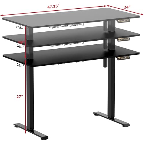 SHW Electric Height Adjustable Sit Stand Desk with Hanging Hooks and Cable Management, 48 x 24 Inches, Black Frame and Black Top SHW