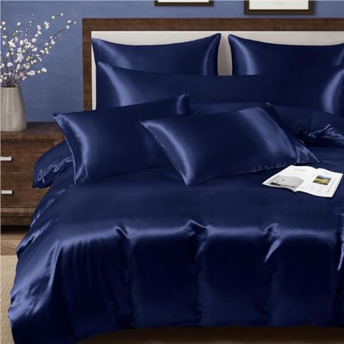 MILVOWOC 6 Pcs Navy Blue Satin Duvet Cover Full/Queen Size Set, Silky Bed Duvet Cover Ultra Soft Comforter Cover, 1 Satin Duvet Cover, 1 Body Pillowcase, 4 Pillow Cases (No Comforter) MILVOWOC