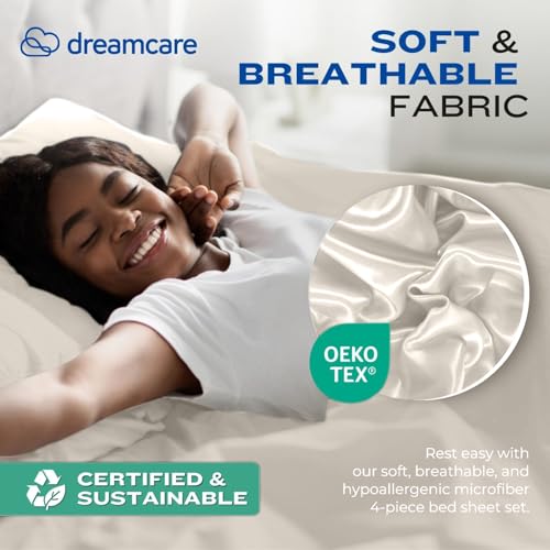 DREAMCARE King Size Sheets Set – 4 pcs Cooling Sheets – up to 21” Deep Pocket King Sheet Set – Hotel Luxury Sheets & Pillowcases – Superior Softness 100% Fine Microfiber with Side Pocket – Ivory DREAMCARE