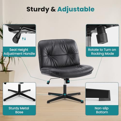 OLIXIS Criss Cross Chair Without Wheels, Cross Legged Office Chair, Armless Wide Vanity Desk Chair with Comfy PU Leather& Back - Swivel for Home Office Bedroom, Black OLIXIS