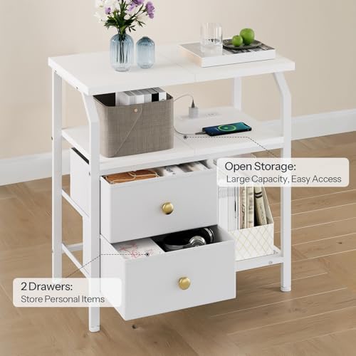 HOOBRO 23 inch Wide Nightstand with Charging Station and LED Light, Night Stand with 2 Fabric Drawers, Bedside Table, Dresser with Open Storage Shelf, End Side Table for Bedroom, White WT160UDBZ01 HOOBRO
