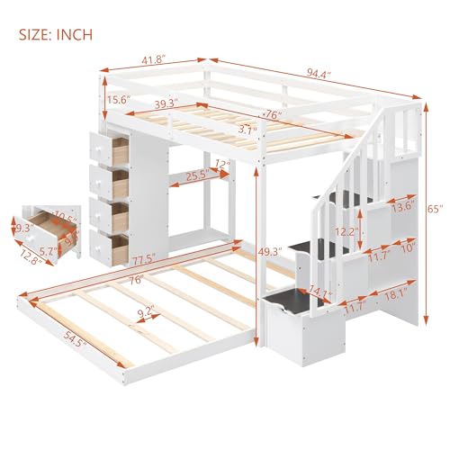 Merax Twin Over Full Bunk Bed Wood Frame with 3-Layer Shelves,4 Drawers and 3 Storage Stairs for Boys and Girls,Grey Merax