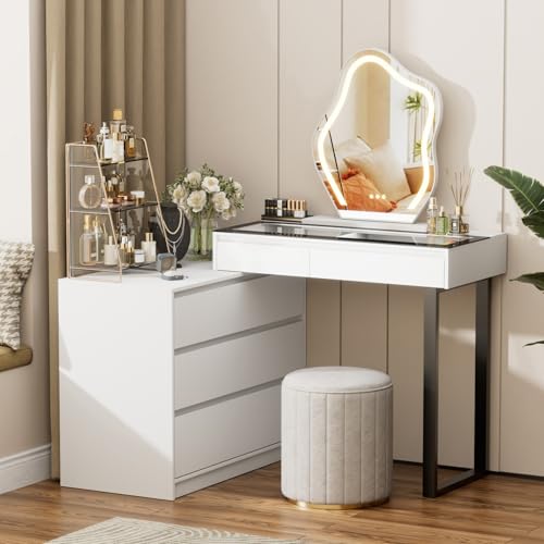 MIIFUNY Corner Makeup Vanity Desk with Mirror and Lights, 58" Modern L-Shaped Vanity Table with Glass Top, Large Dressing Table with 2 Drawers & 3 Tier Dresser for Bedroom, White MIIFUNY