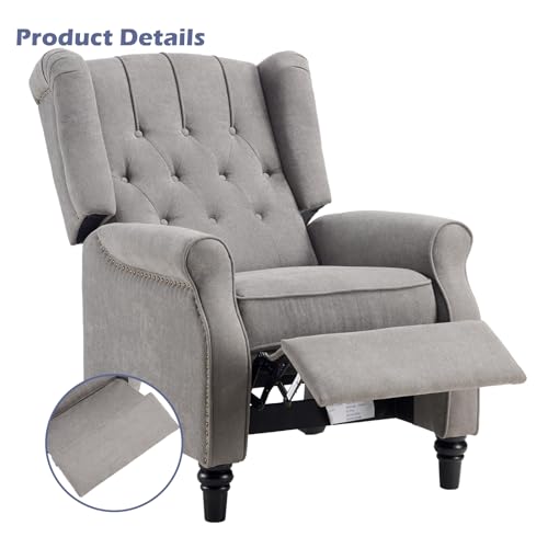 EBELLO Push Back Recliner Chair, Fabric Accent Chair Pushback Recliner with Rivet Decoration, Button-Tufted Back, Mid Century Wingback Armchair for Living Room, Bedroom, Grey