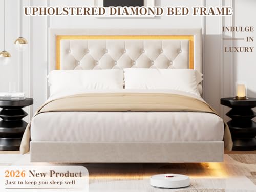 Garvee Floating Bed Frame Full Size with Smart Led Lights, Upholstered Platform Bed with Diamond Headboard, Solid Wood Slats Support, No Box Spring Needed, Noise-Free, Easy Assembly, White Garvee