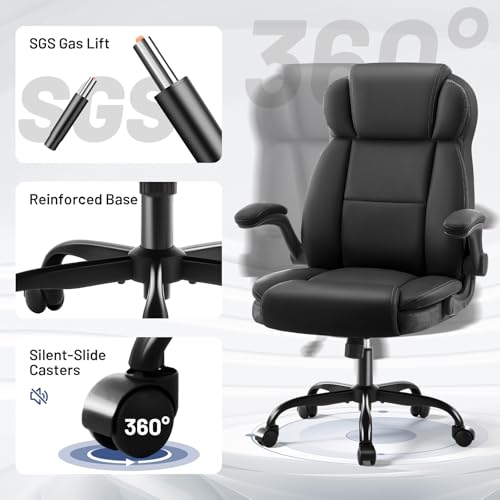 AreShark Ergonomic Office Chair with High Back Headrest, PU Leather Executive Desk Chair - Padded Flip-Up Armrests, Lumbar Support, Swivel Computer Chair for Home Office & Gaming, Black AreShark