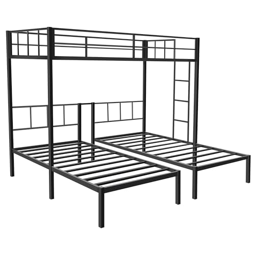 TURRIDU Metal Triple Bunk Bed for 3, Twin Over Twin Over Twin Bunk Beds with Built-in Ladders, Separates into 3 Twin Beds for Teens, Adults, No Box Spring Needed, Black TURRIDU