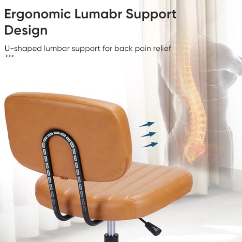 DUMOS Armless Small Home Office Desk Chair - Vanity Task Chair with Low Back, Height Adjustable PU Leather Swivel Computer Chair with 360° Rolling Wheels, Deep Brown DUMOS